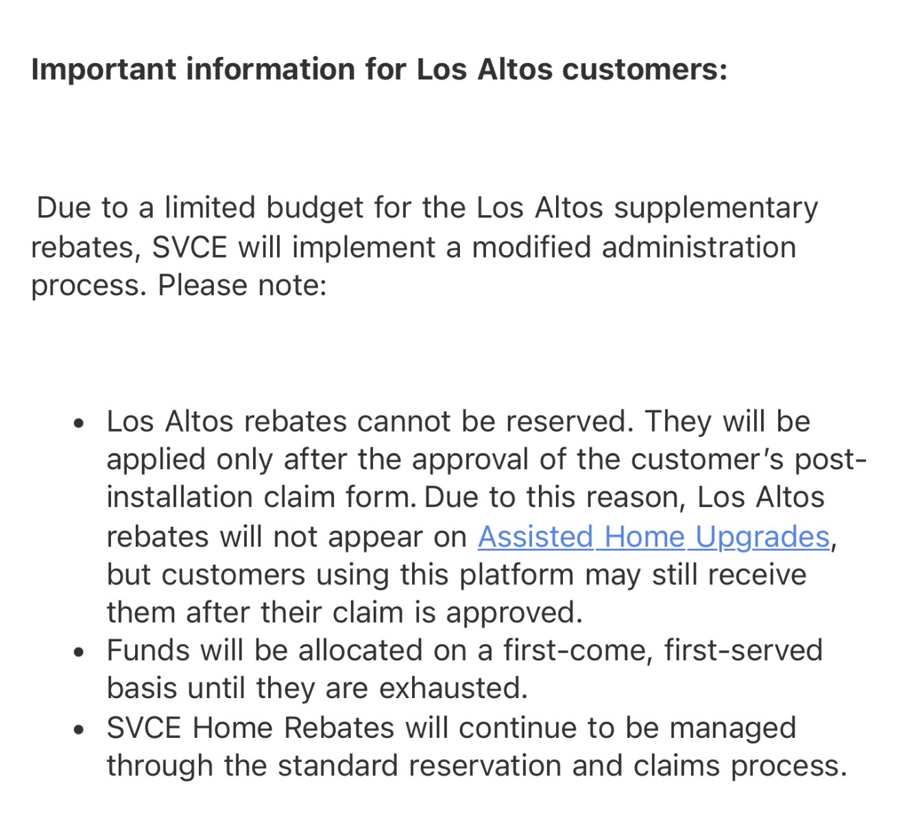 SVCE rebate program details including Los Altos special administration process